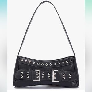 Y2K grommet whimsy goth Black Shoulder Bag with Silver Buckle Accents brand new
